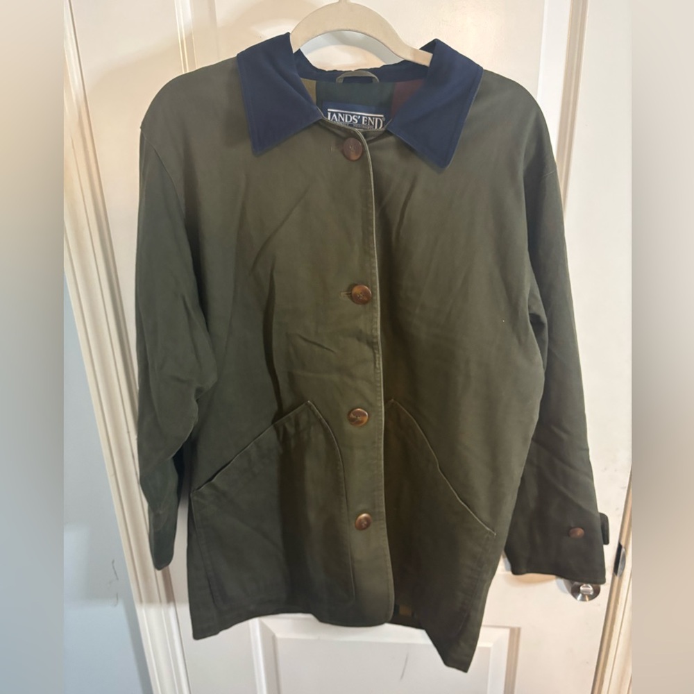 Lands' End vintage Olive Utility Jacket with Navy Collar barn jacket Size s EUC